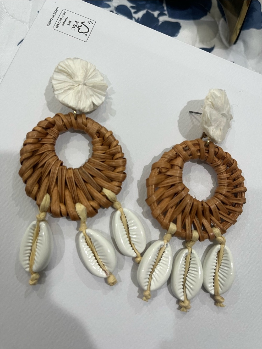Target Brown Rattan Hoop Earrings with White Shell Drops